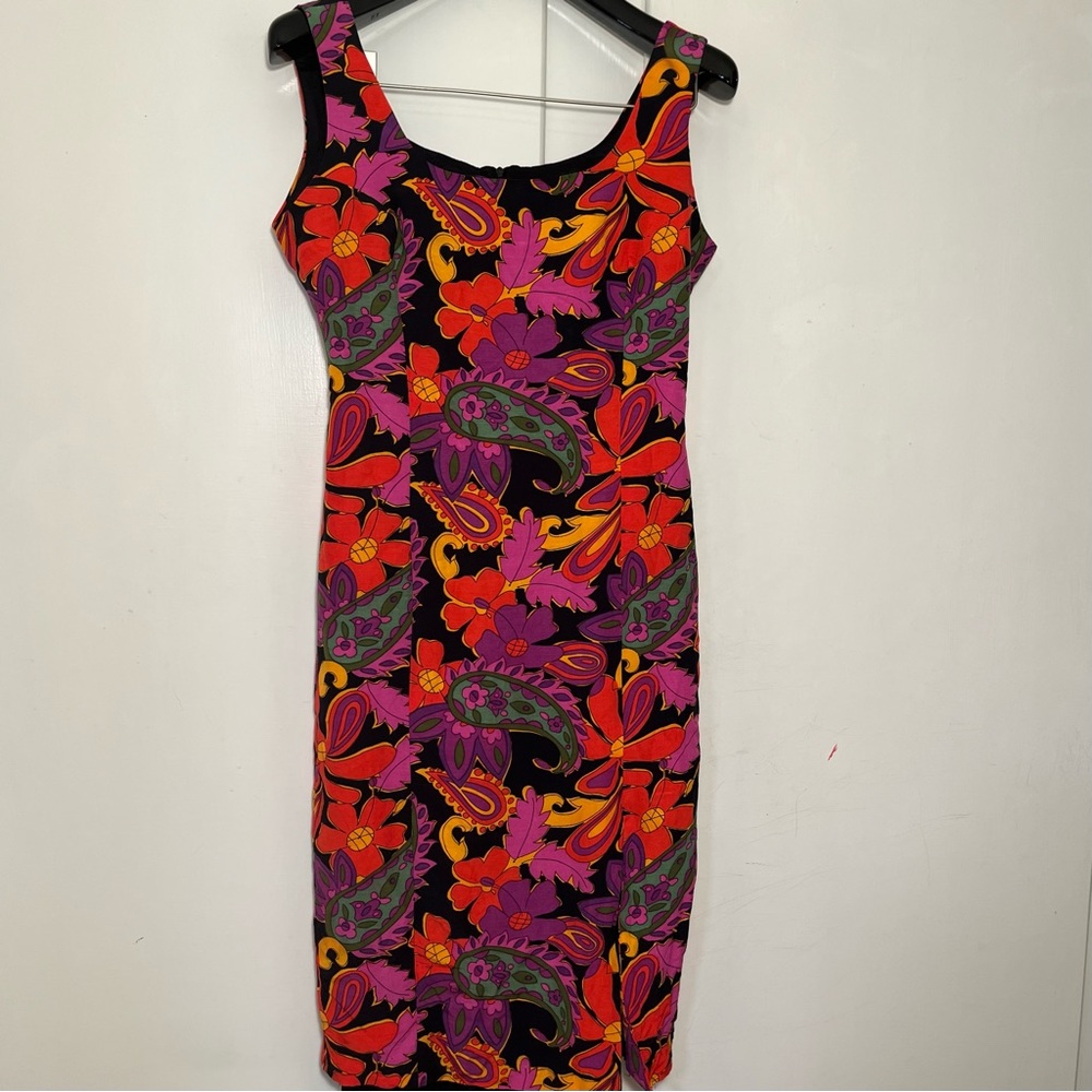 Vintage 90s Aziza Red Orange Purple Groovy Flower Power Midi Dress